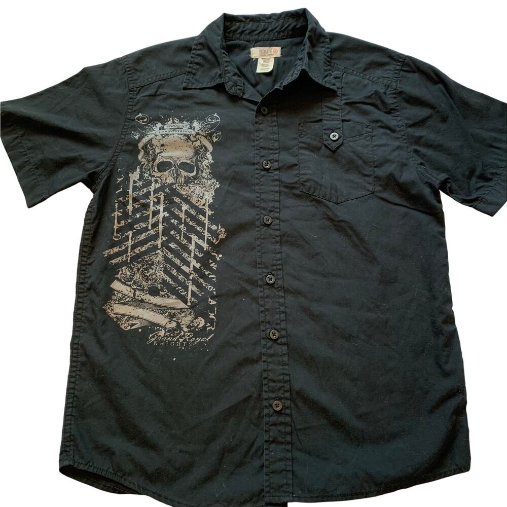 Route 66 Boys Large Black Gray Rock Biker Skull Metal GorpCore Button Up Shirt